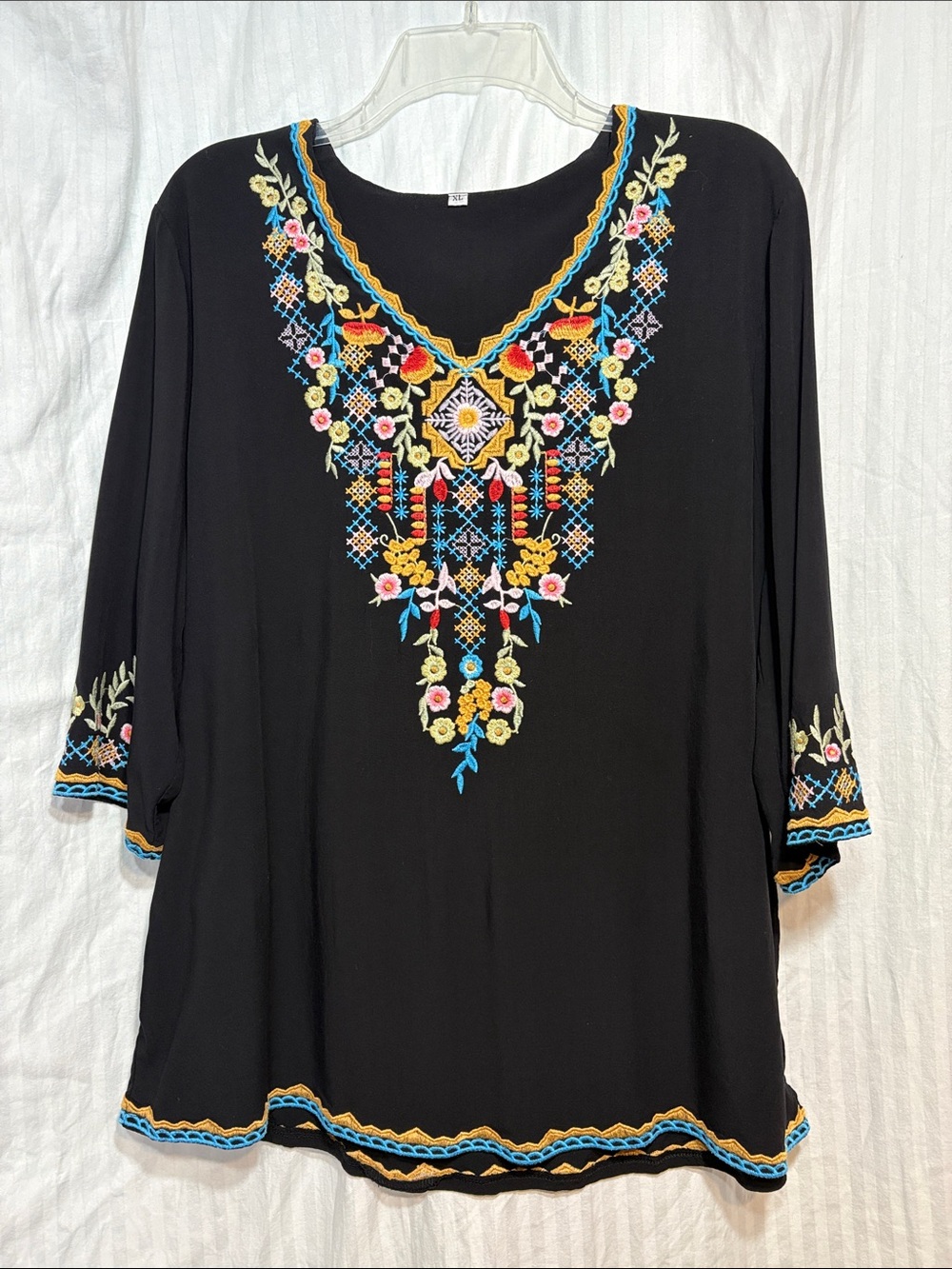 Embroidered V-Neck Black Women's Tunic Top
